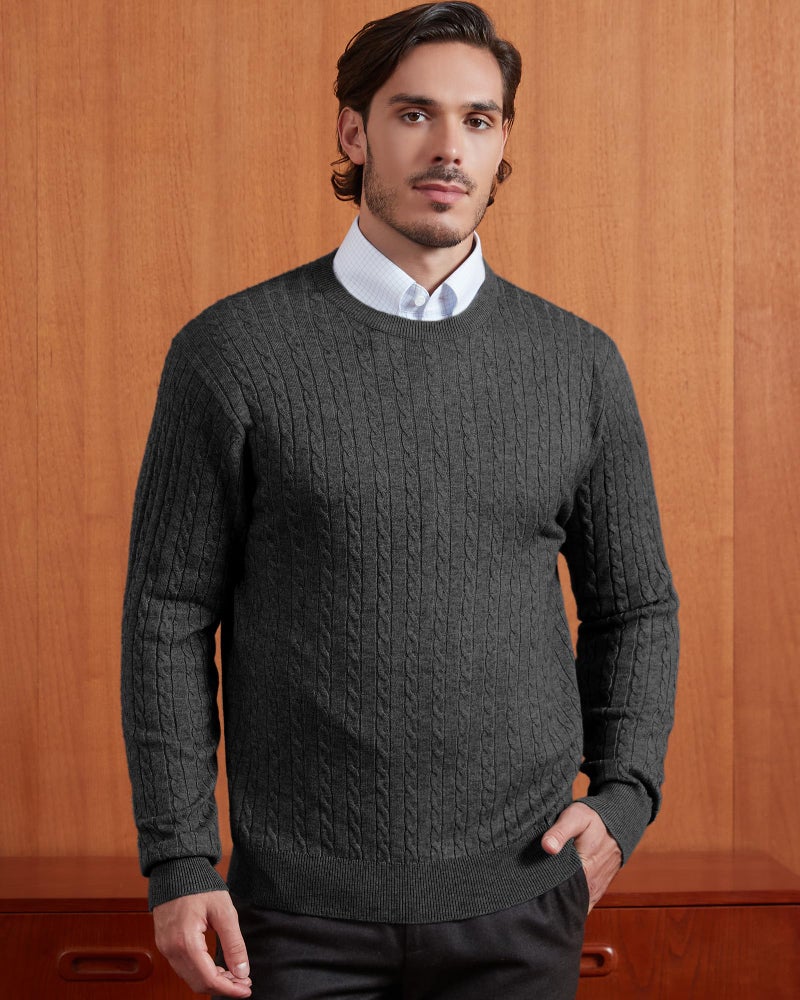 Kallspin Men's Cable Knit Crewneck Sweater Pullovers Wool Blend Relax Fit Knitwear (Charcoal, X-Large) - Image 3